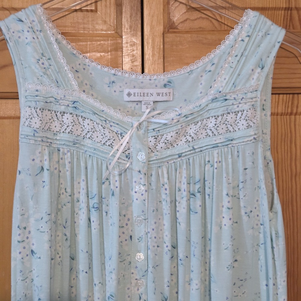 Eileen West Sleeveless Soft Short Floral Ballet Nightgown Sz S Aqua Green